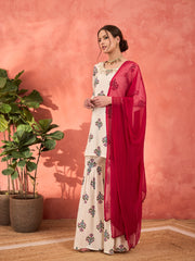 Women White Floral Embroidered Kurta With Sharara Pants & Dupatta