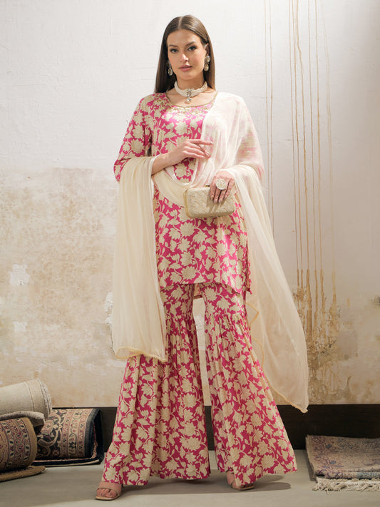Women Pink Floral Embroidered Kurta With Sharara Pants & Dupatta