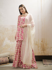 Women Pink Floral Embroidered Kurta With Sharara Pants & Dupatta
