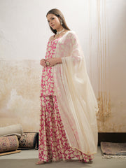 Women Pink Floral Embroidered Kurta With Sharara Pants & Dupatta