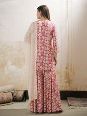 Women Pink Floral Embroidered Kurta With Sharara Pants & Dupatta
