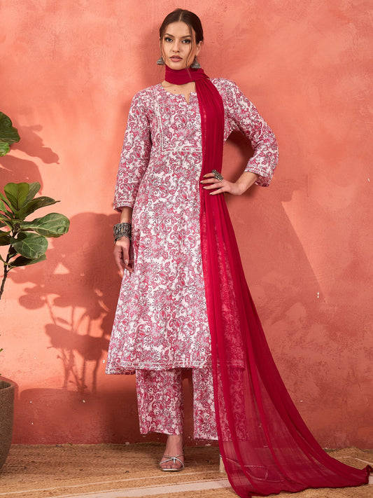 Women Pink & White Cambric Kurta With Pencil Pants & Dupatta