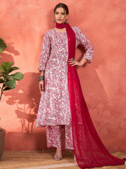 Women Pink & White Cambric Kurta With Pencil Pants & Dupatta