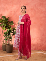 Women Pink & White Cambric Kurta With Pencil Pants & Dupatta