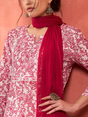Women Pink & White Cambric Kurta With Pencil Pants & Dupatta
