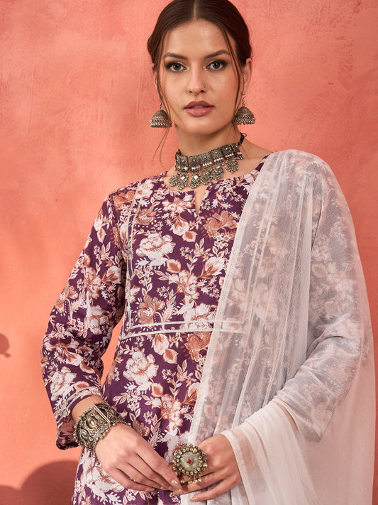 Women Purple Floral Cambric Kurta With Pencil Pants & Dupatta
