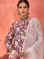 Women Purple Floral Cambric Kurta With Pencil Pants & Dupatta