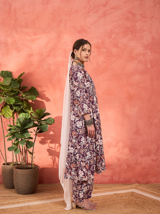 Women Purple Floral Cambric Kurta With Pencil Pants & Dupatta
