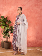 Women Purple Floral Cambric Kurta With Pencil Pants & Dupatta