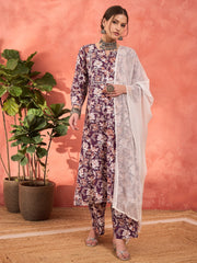 Women Purple Floral Cambric Kurta With Pencil Pants & Dupatta