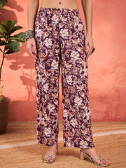 Women Purple Floral Cambric Kurta With Pencil Pants & Dupatta