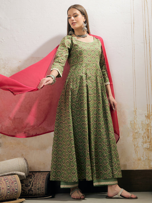 Women Green Floral Cambric Anarkali Kurta With Pencil Pants & Dupatta