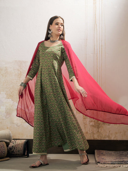 Women Green Floral Cambric Anarkali Kurta With Pencil Pants & Dupatta