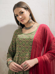 Women Green Floral Cambric Anarkali Kurta With Pencil Pants & Dupatta