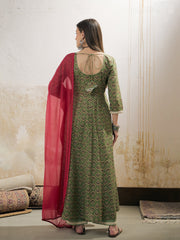 Women Green Floral Cambric Anarkali Kurta With Pencil Pants & Dupatta