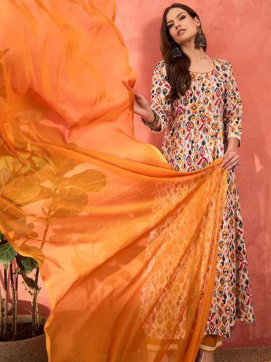 Women White Ikkat Cambric Anarkali Kurta With Pencil Pants & Dupatta