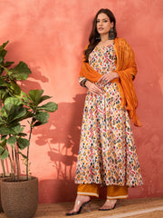 Women White Ikkat Cambric Anarkali Kurta With Pencil Pants & Dupatta