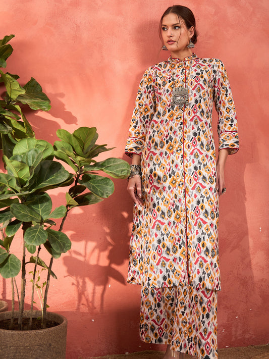 Women White Ikkat Cambric Front Button Kurta With Pencil Pants