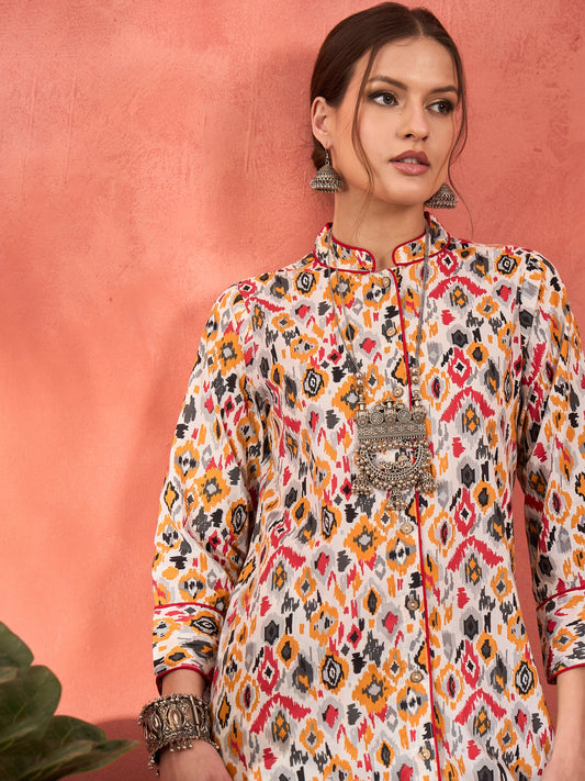 Women White Ikkat Cambric Front Button Kurta With Pencil Pants