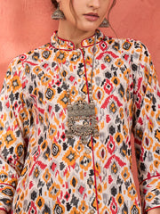 Women White Ikkat Cambric Front Button Kurta With Pencil Pants