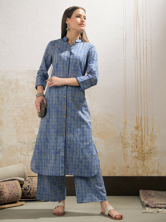Women Blue Stripes Cambric Front Button Kurta With Pencil Pants