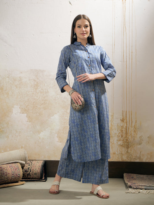 Women Blue Stripes Cambric Front Button Kurta With Pencil Pants