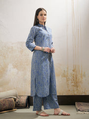 Women Blue Stripes Cambric Front Button Kurta With Pencil Pants