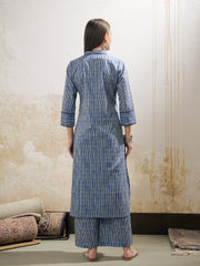 Women Blue Stripes Cambric Front Button Kurta With Pencil Pants