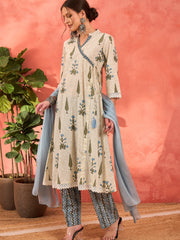Women White Floral Wrap Kurta With Pencil Pants & Dupatta