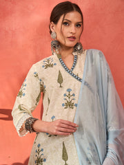 Women White Floral Wrap Kurta With Pencil Pants & Dupatta