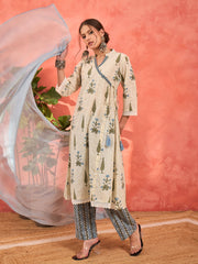 Women White Floral Wrap Kurta With Pencil Pants & Dupatta