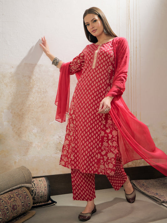 Women Pink Floral Cambric Kurta With Pencil Pants & Dupatta