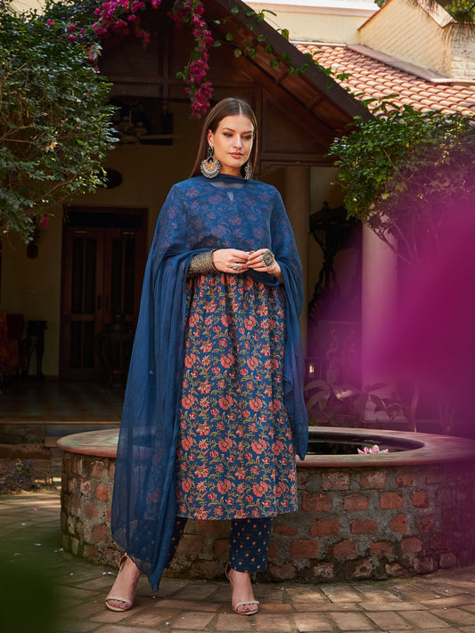 Women Navy Floral Front Dori Gathered Kurta With Pencil Pants & Dupatta