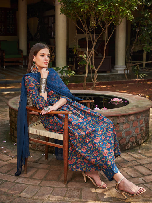 Women Navy Floral Front Dori Gathered Kurta With Pencil Pants & Dupatta