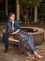Women Navy Floral Front Dori Gathered Kurta With Pencil Pants & Dupatta
