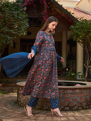 Women Navy Floral Front Dori Gathered Kurta With Pencil Pants & Dupatta