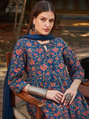 Women Navy Floral Front Dori Gathered Kurta With Pencil Pants & Dupatta