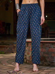 Women Navy Floral Front Dori Gathered Kurta With Pencil Pants & Dupatta