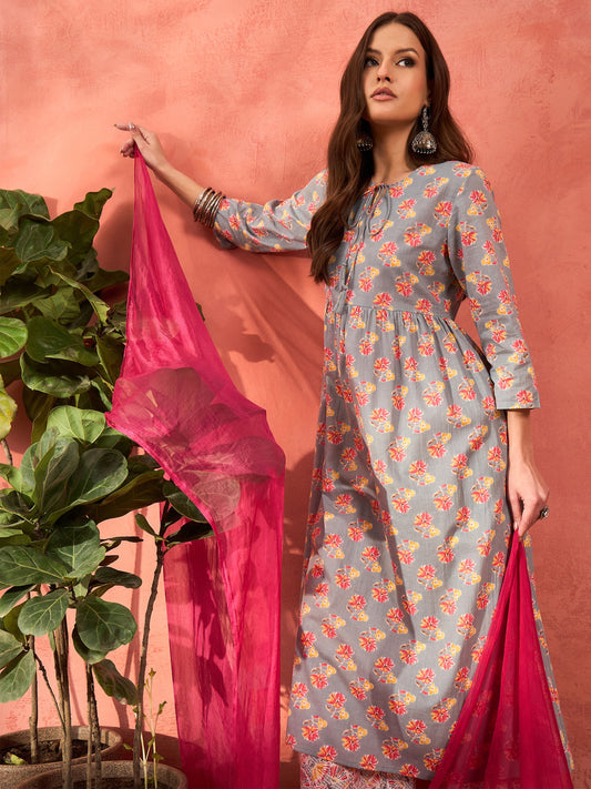 Women Grey Floral Front Dori Gathered Kurta With Pencil Pants & Dupatta