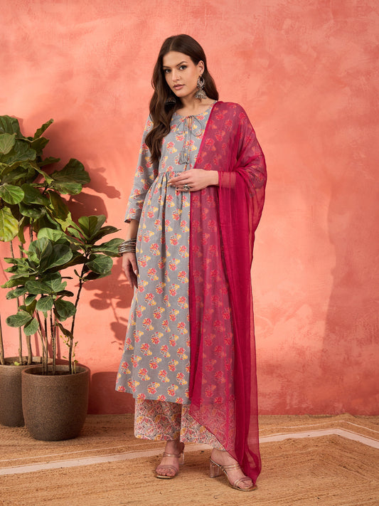 Women Grey Floral Front Dori Gathered Kurta With Pencil Pants & Dupatta