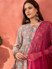 Women Grey Floral Front Dori Gathered Kurta With Pencil Pants & Dupatta