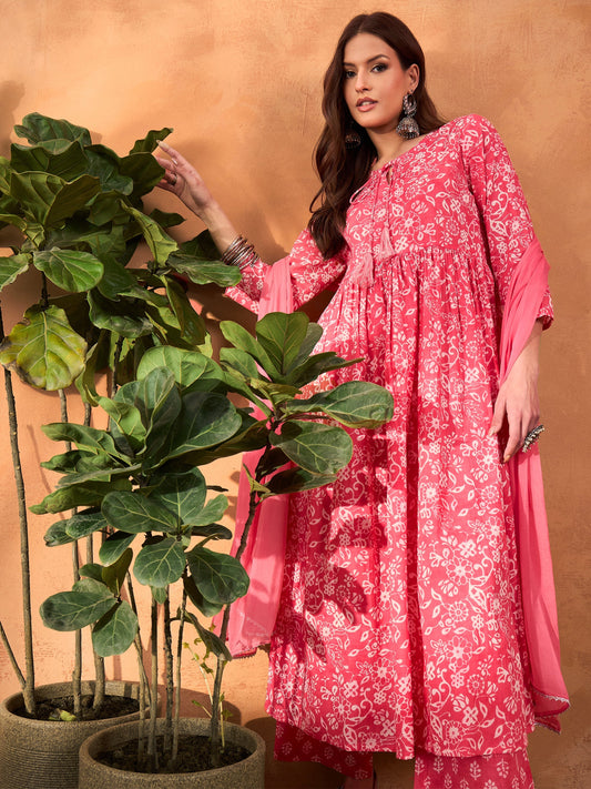 Women Pink Floral Round Neck Gathered Kurta With Pencil Pants & Dupatta