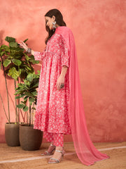Women Pink Floral Round Neck Gathered Kurta With Pencil Pants & Dupatta