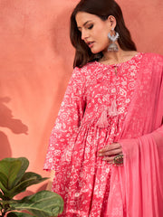 Women Pink Floral Round Neck Gathered Kurta With Pencil Pants & Dupatta
