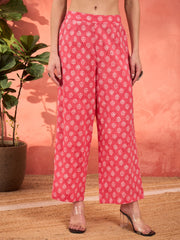 Women Pink Floral Round Neck Gathered Kurta With Pencil Pants & Dupatta