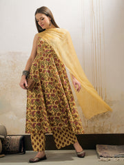 Women Yellow Floral Sleeveless Kurta With Pencil Pants & Dupatta