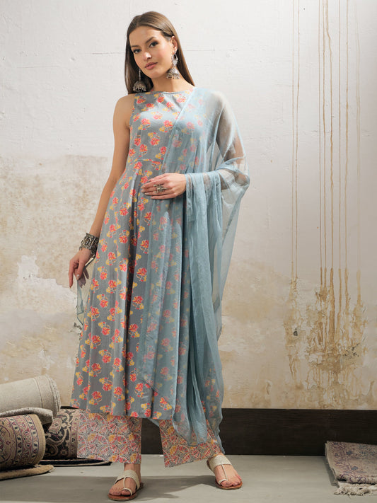 Women Grey Floral Sleeveless Kurta With Pencil Pants & Dupatta