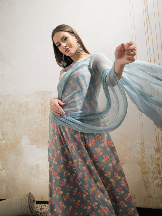 Women Grey Floral Sleeveless Kurta With Pencil Pants & Dupatta