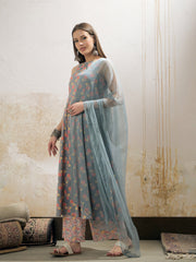 Women Grey Floral Sleeveless Kurta With Pencil Pants & Dupatta
