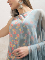 Women Grey Floral Sleeveless Kurta With Pencil Pants & Dupatta